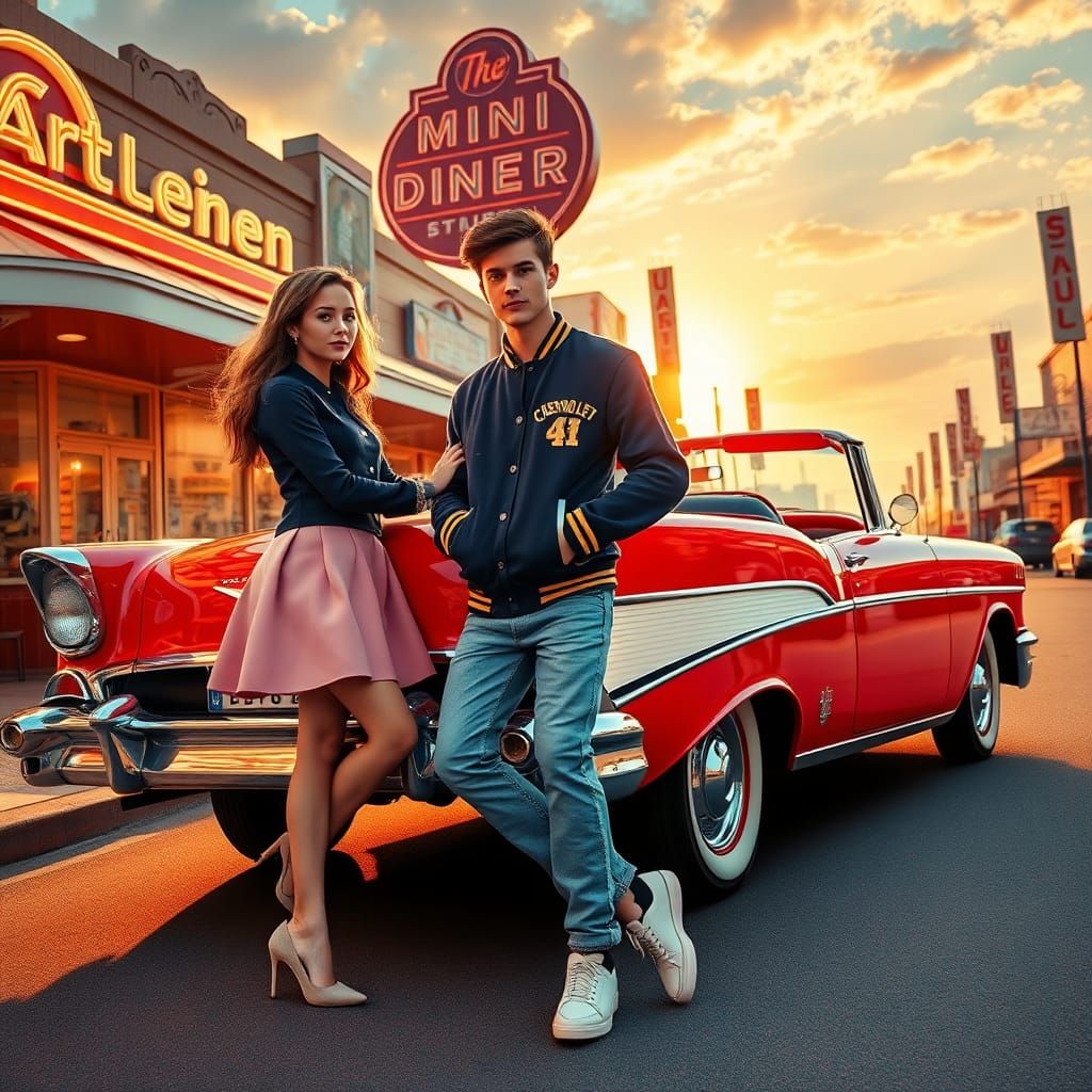 1950s Couple with Bel Air in Retro Style