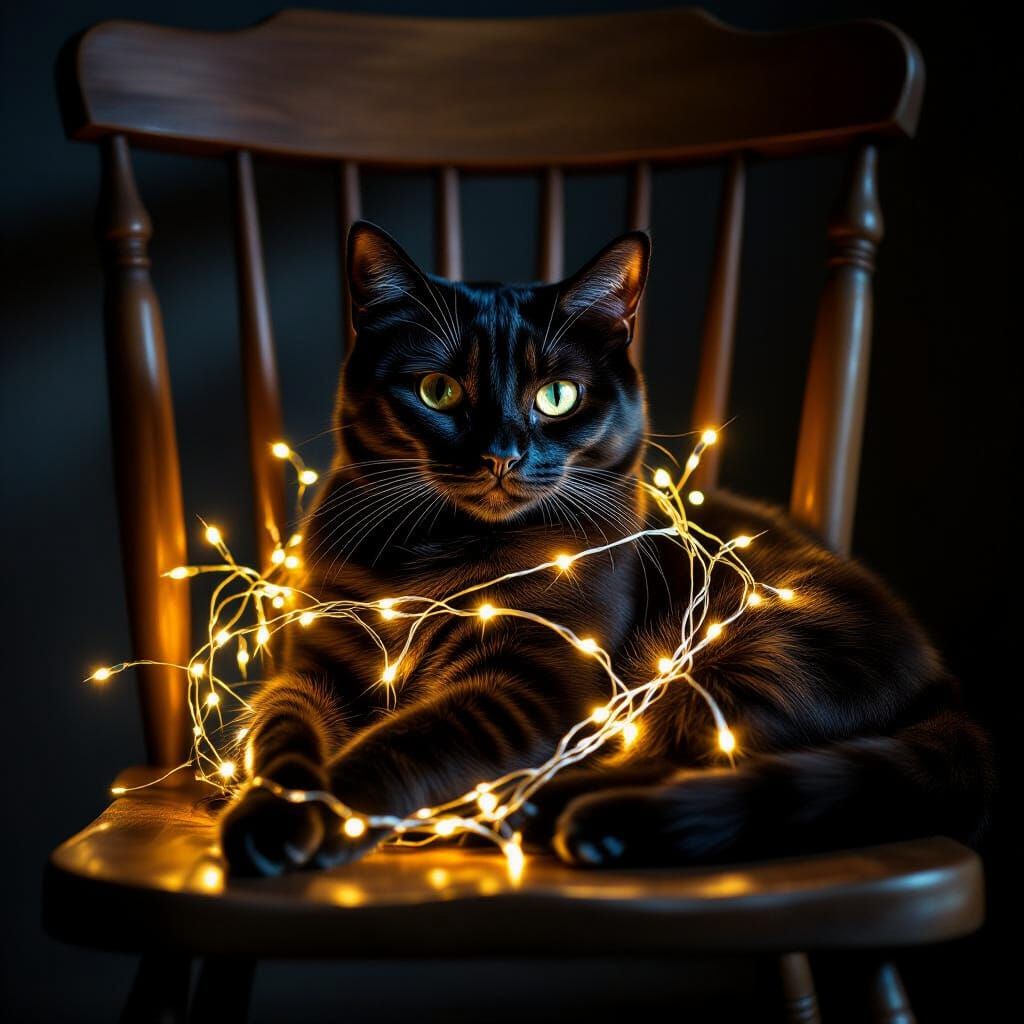 Cinematic Cat Wrapped in Golden Lights