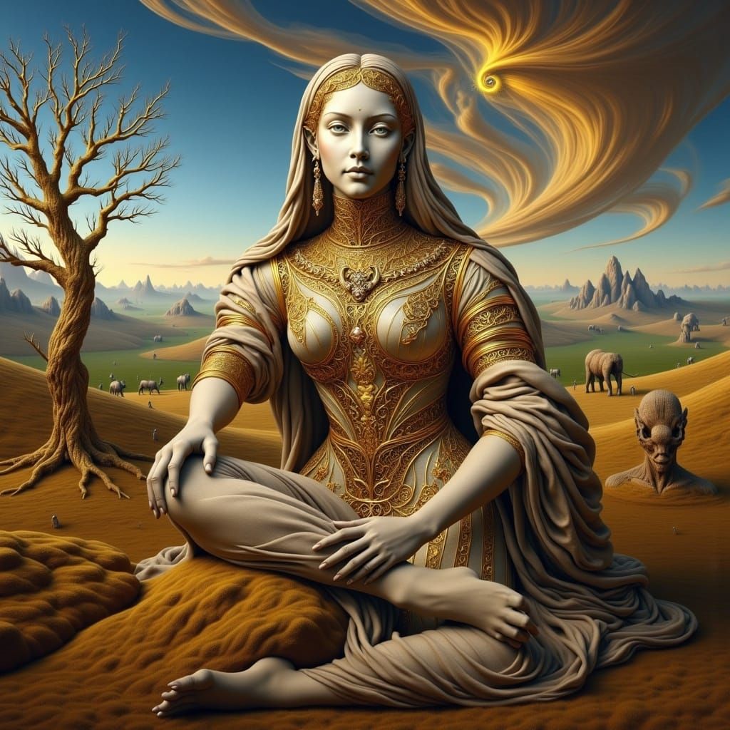 Woman in 16th-Century Attire Posing in a Dreamlike Landscape