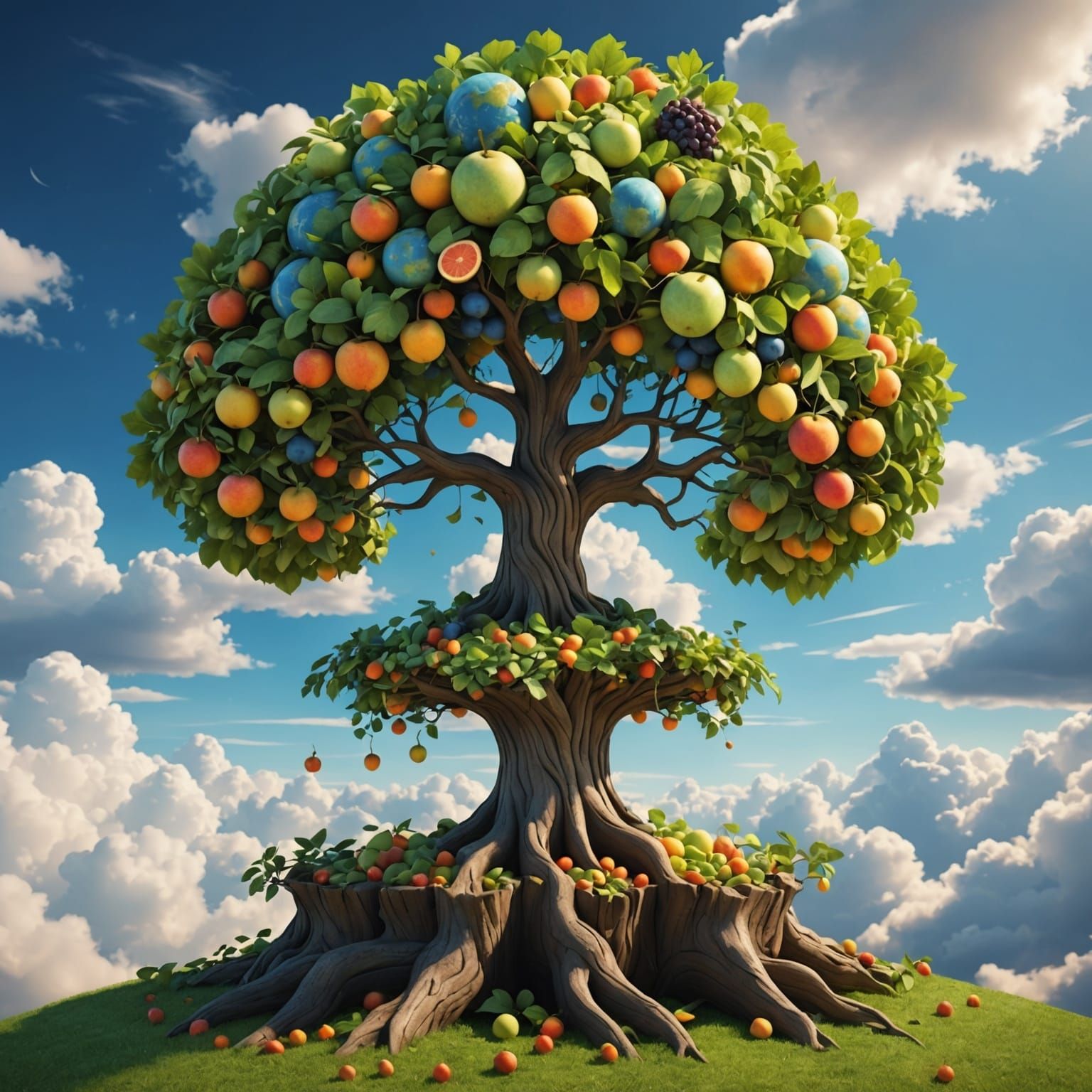Create in 3D: earth on which rests the top of a tree with leaves and fruits of the sky with clouds, and from the clouds ...