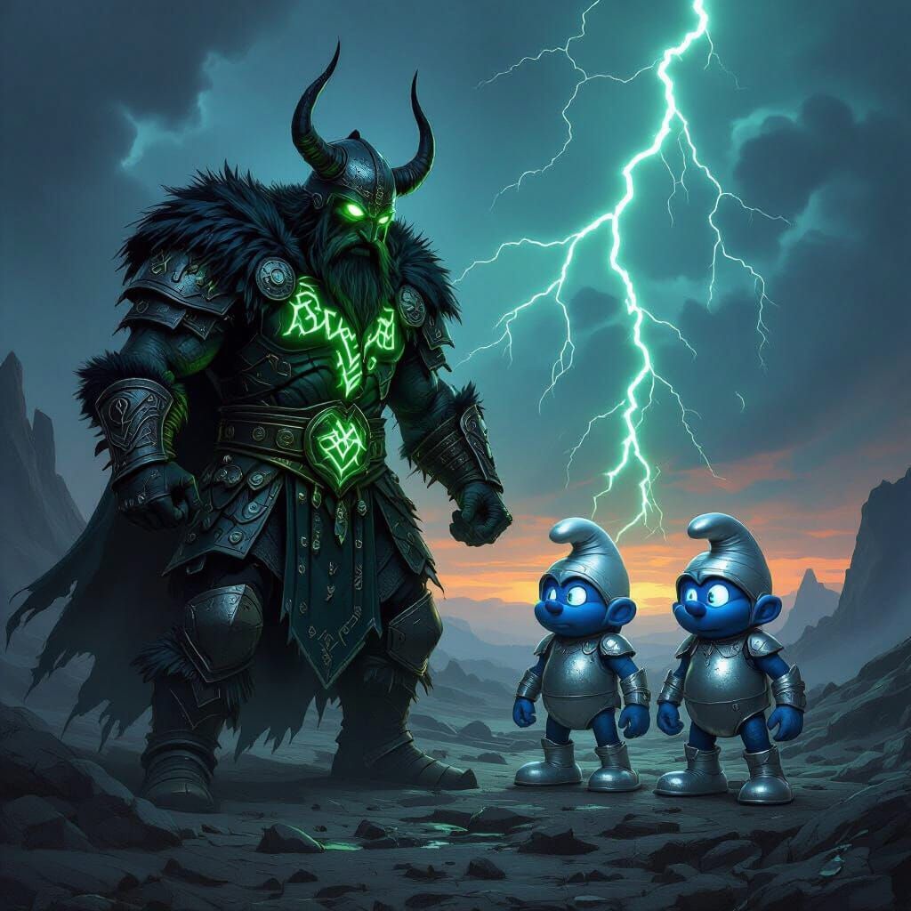 Dark Fantasy Viking Menaces Steel Smurfs Under Stormy Sky