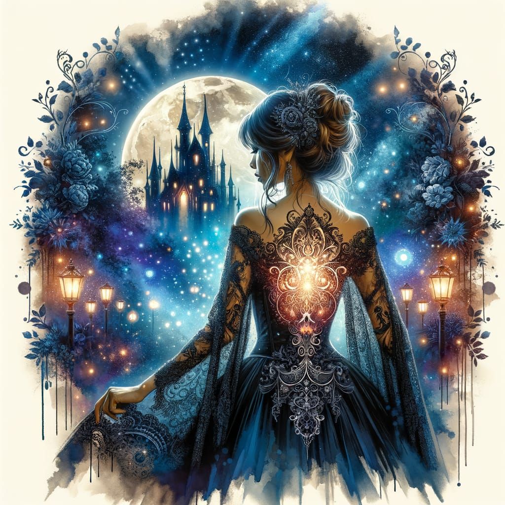 Airbrushed, watercolor, an enchantress in black lace dress with a glowing castle on her back under a moonlight sky. The ...