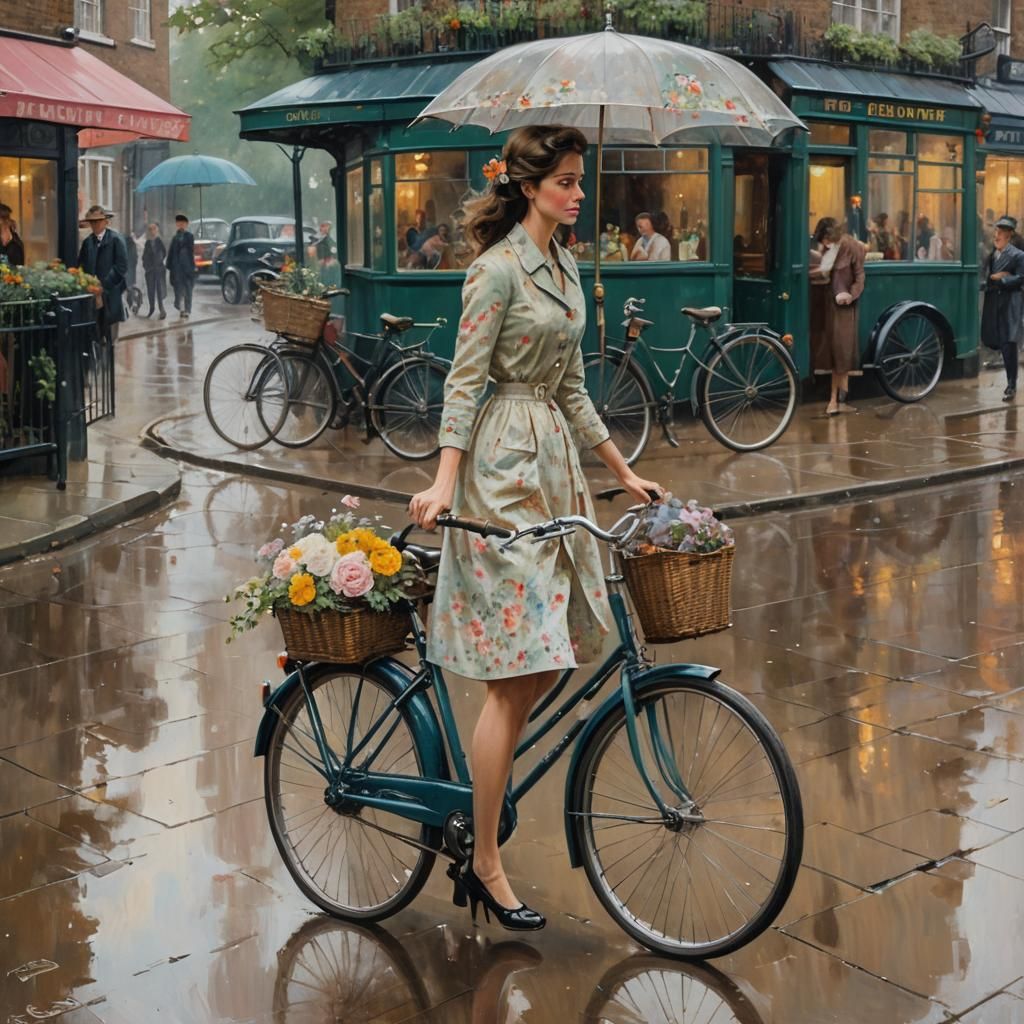 Rainy Day in London: Woman with Bicycle, Oil Painting