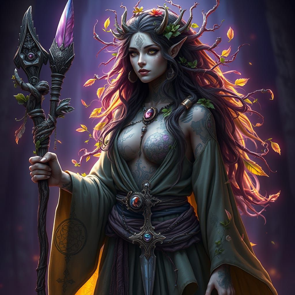 Earth Genasi Druid in Sage Robes, Moss-Growing Skin, and Woo...