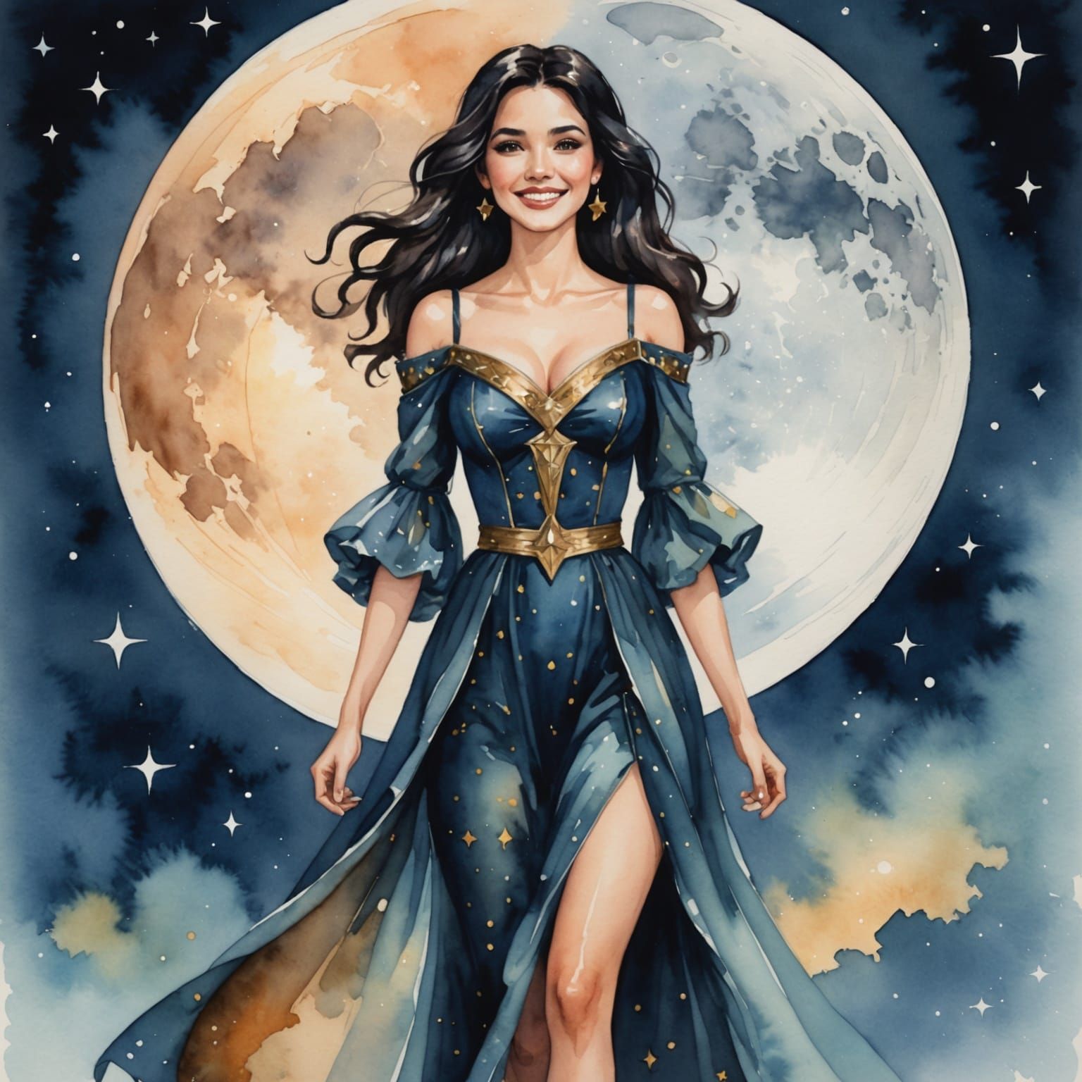 Ethereal Lady Under Full Moonlight in Watercolor