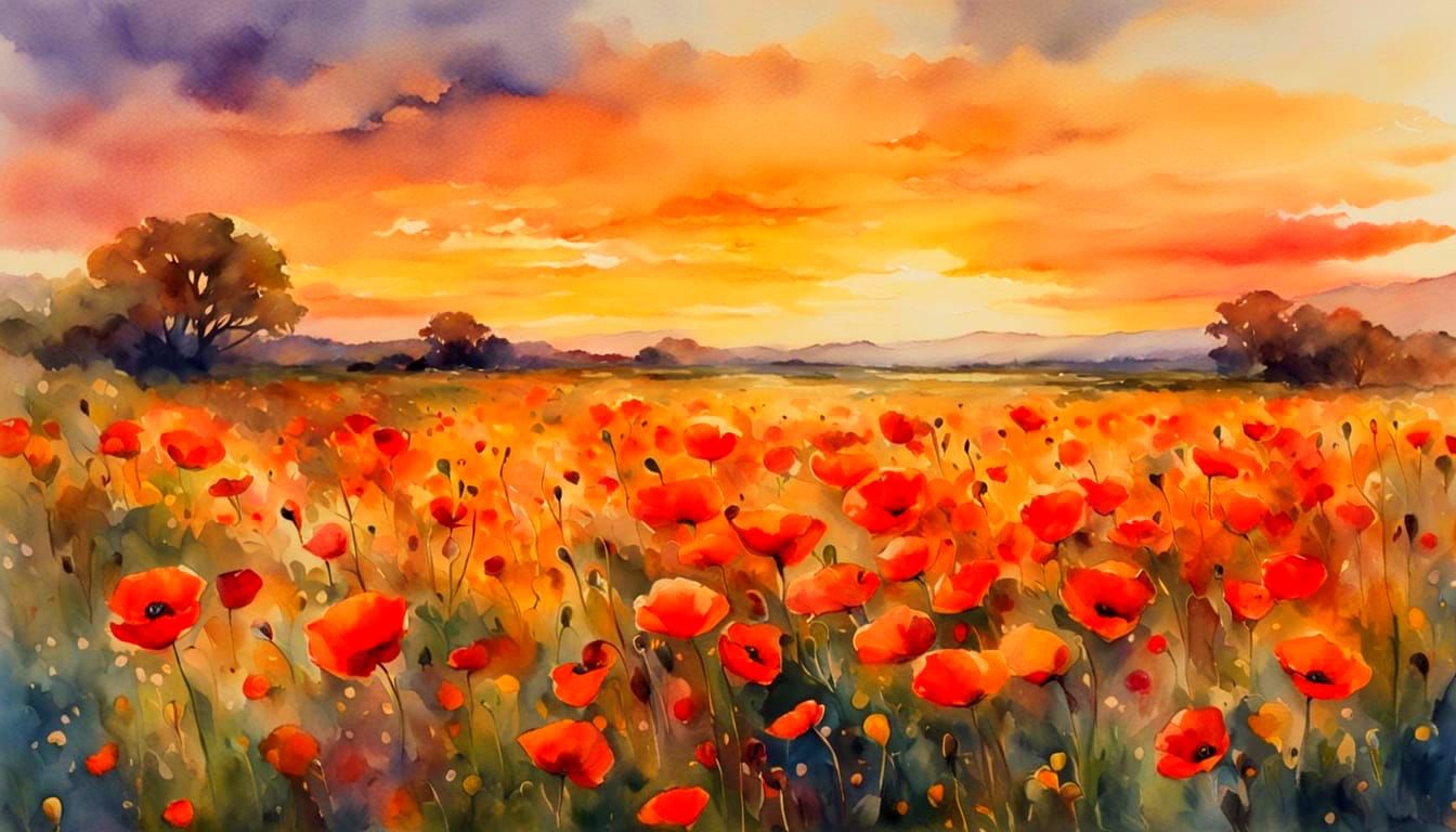 Watercolor Poppy Field at Sunset