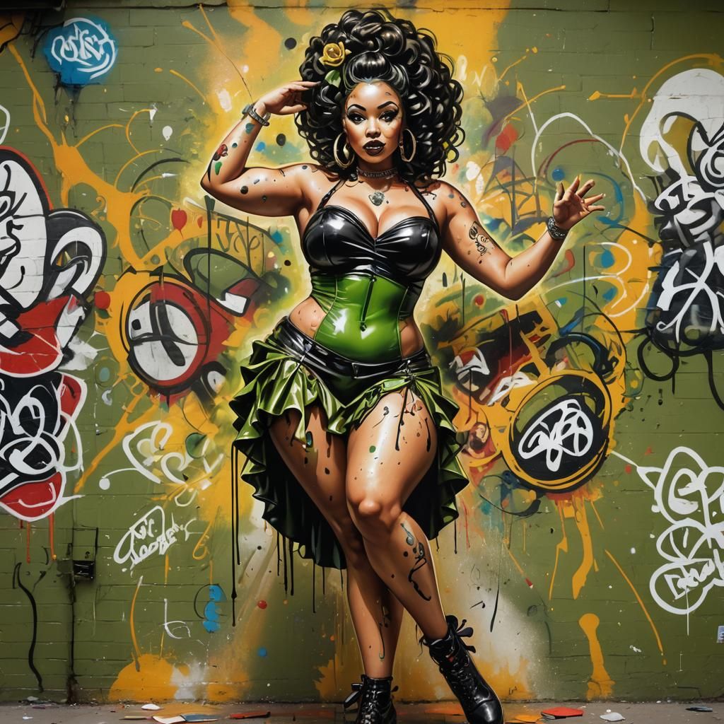 Burlesque Fan Dancer in Graffiti Street Art Style