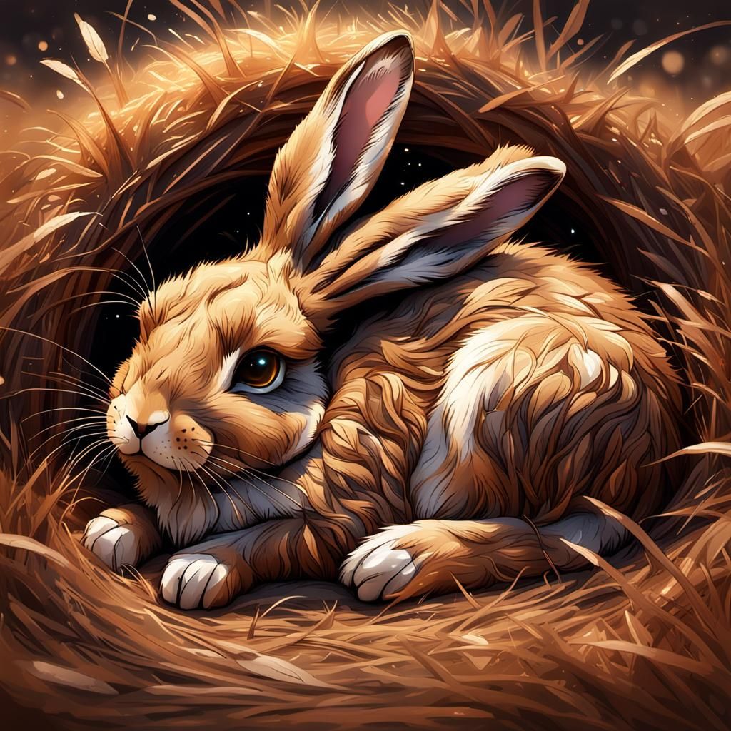 Cute Sleeping Hare in Brown Grass, Digital Art