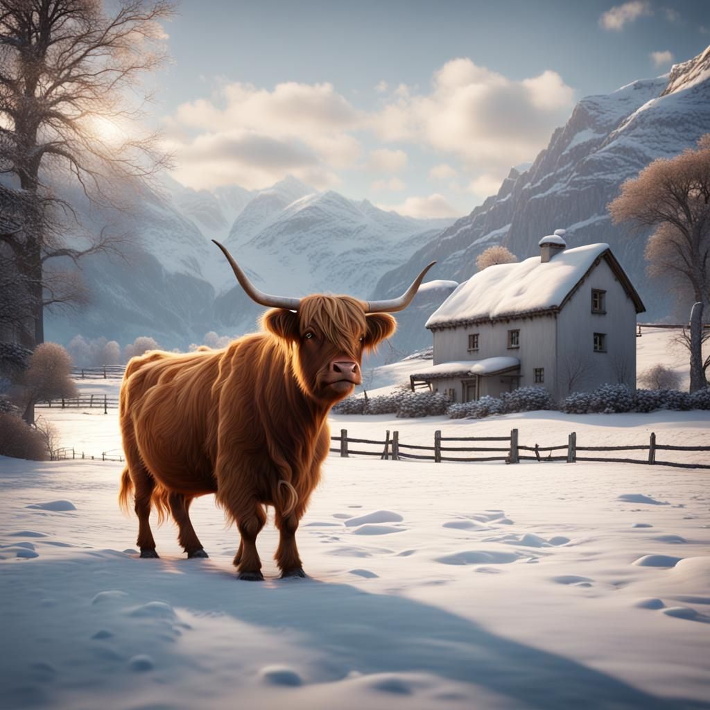 Highland cow looking happy in a snow covered field with a farmhouse in the distance and a backdrop of snow covered hills