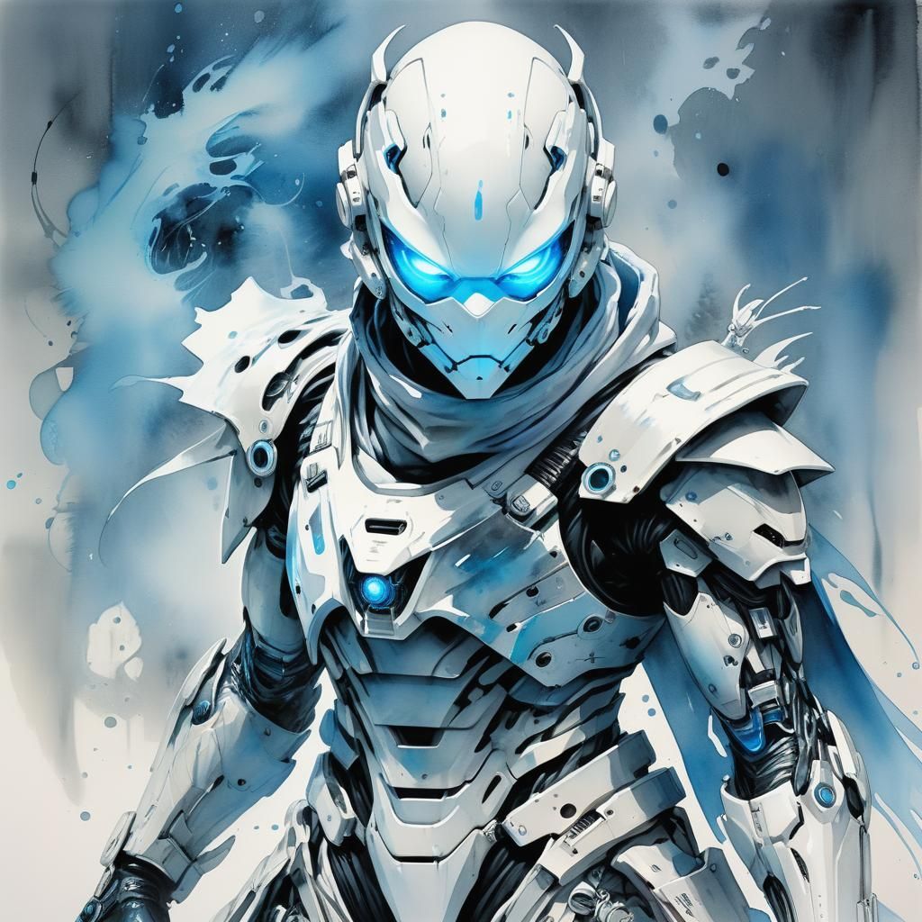 Cyberpunk Ghost Ninja with Oni Mask in Watercolor Style