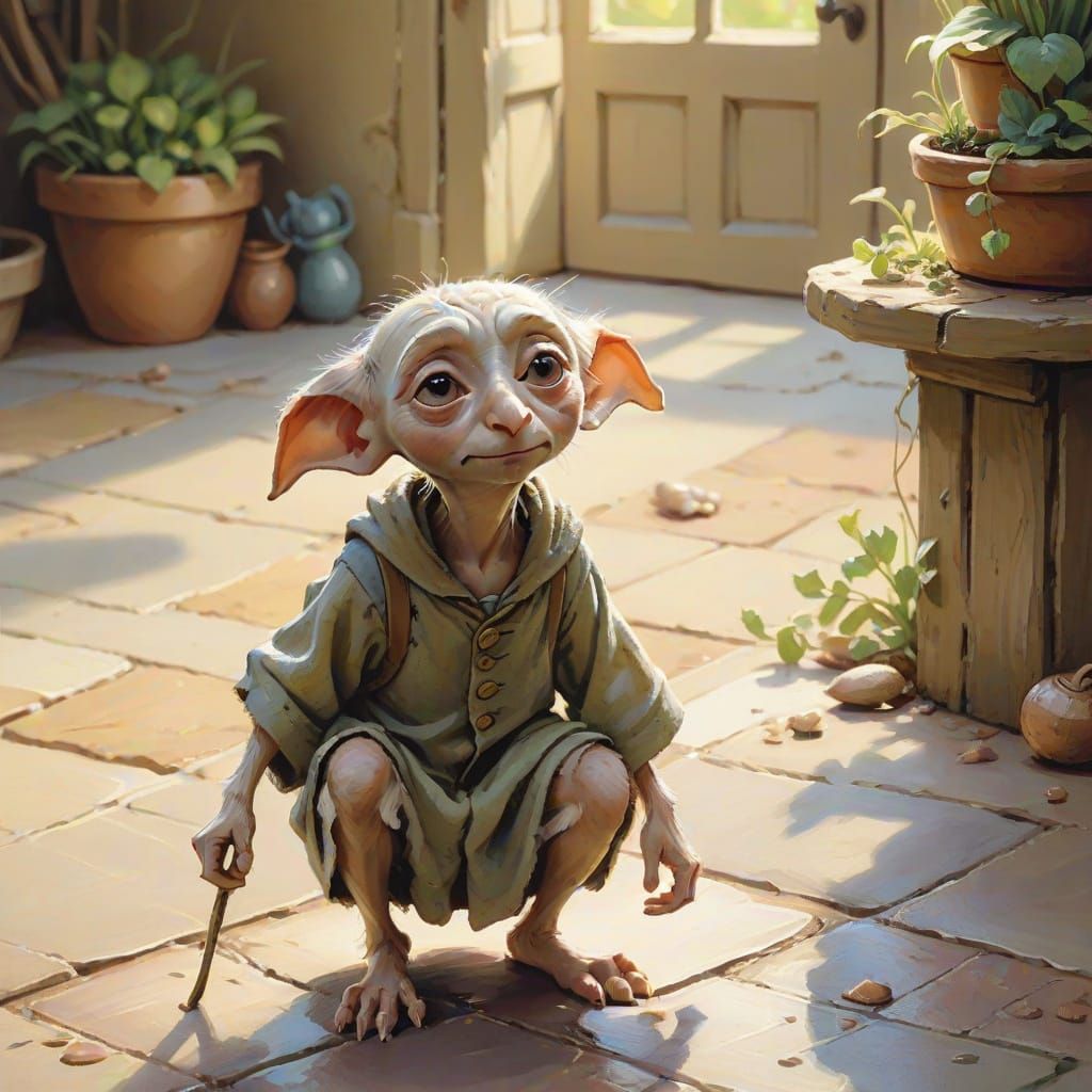 Detailed Gouache Painting of Dobby the House Elf