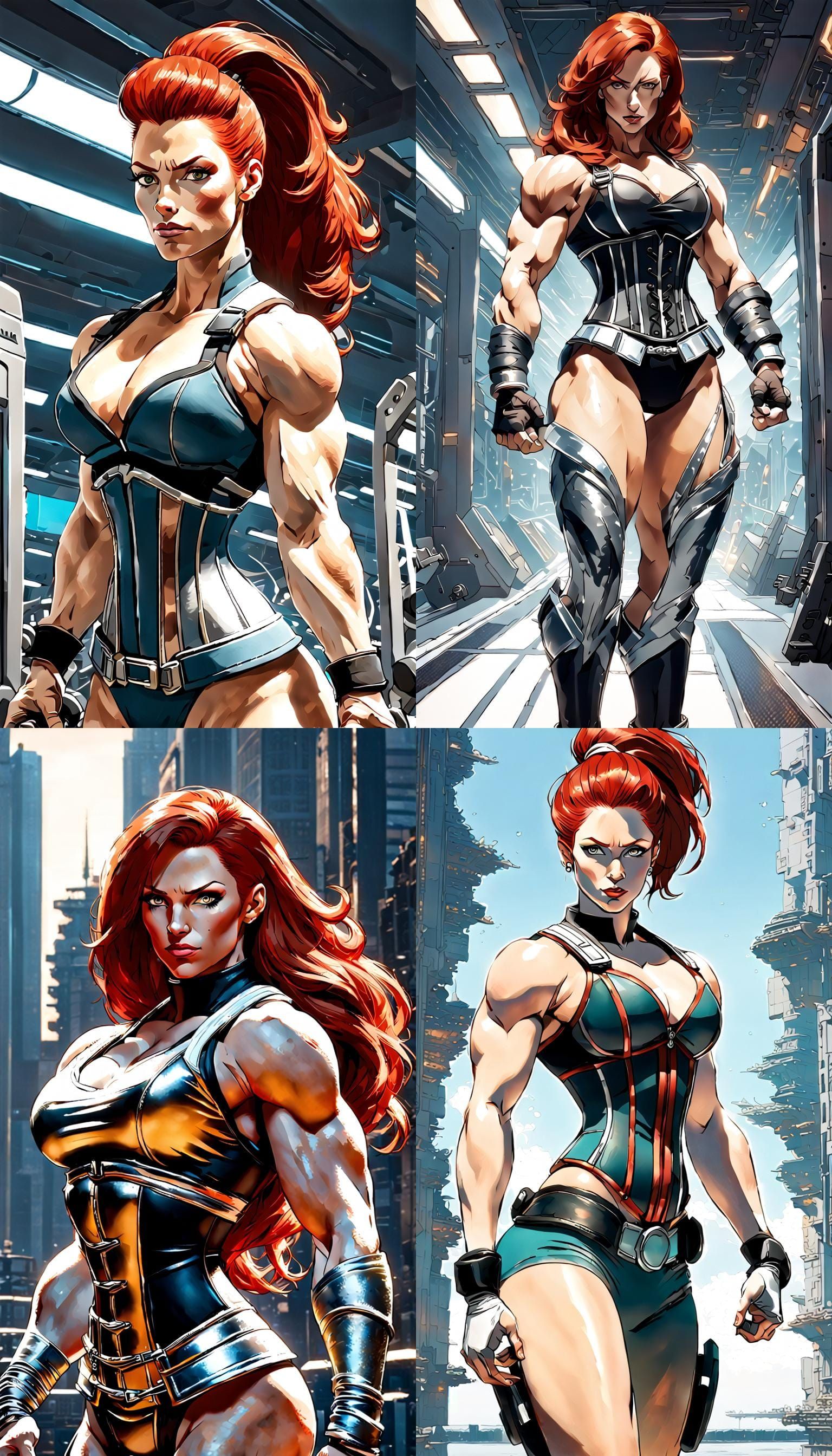Redhead Bodybuilder in Space Corset: Hyperrealistic Anime Po...