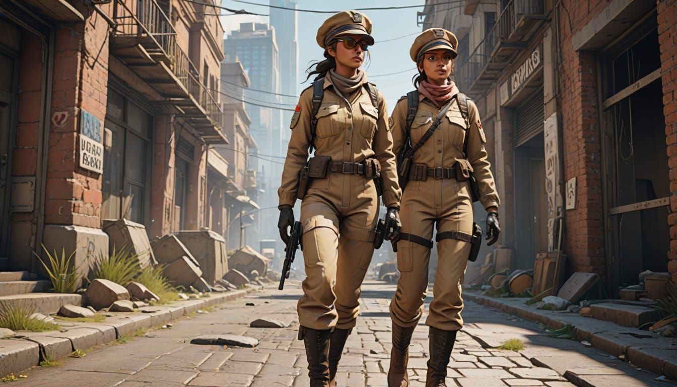 Women in Uniform in a Moebius-Inspired Gouache Style