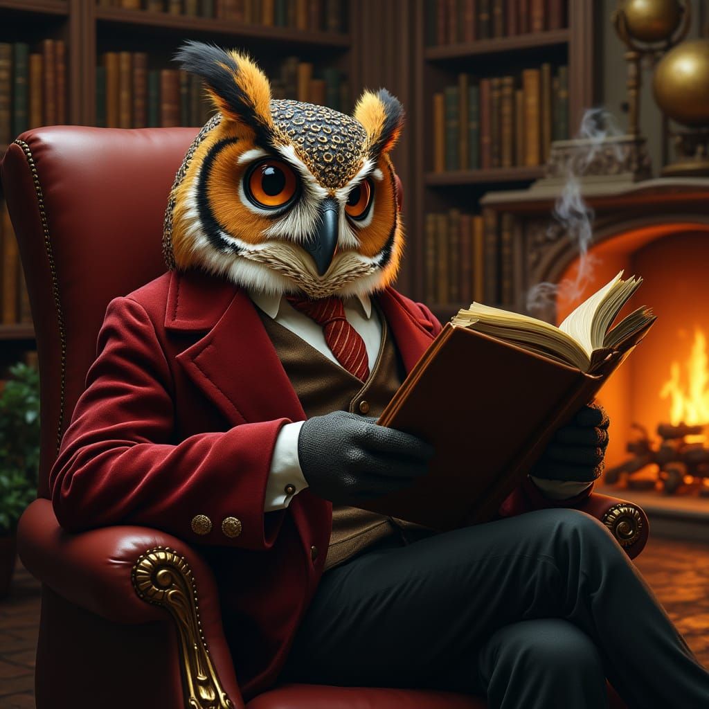 Anthropomorphic Owl Reads in Grand Library: Old Masters Styl...