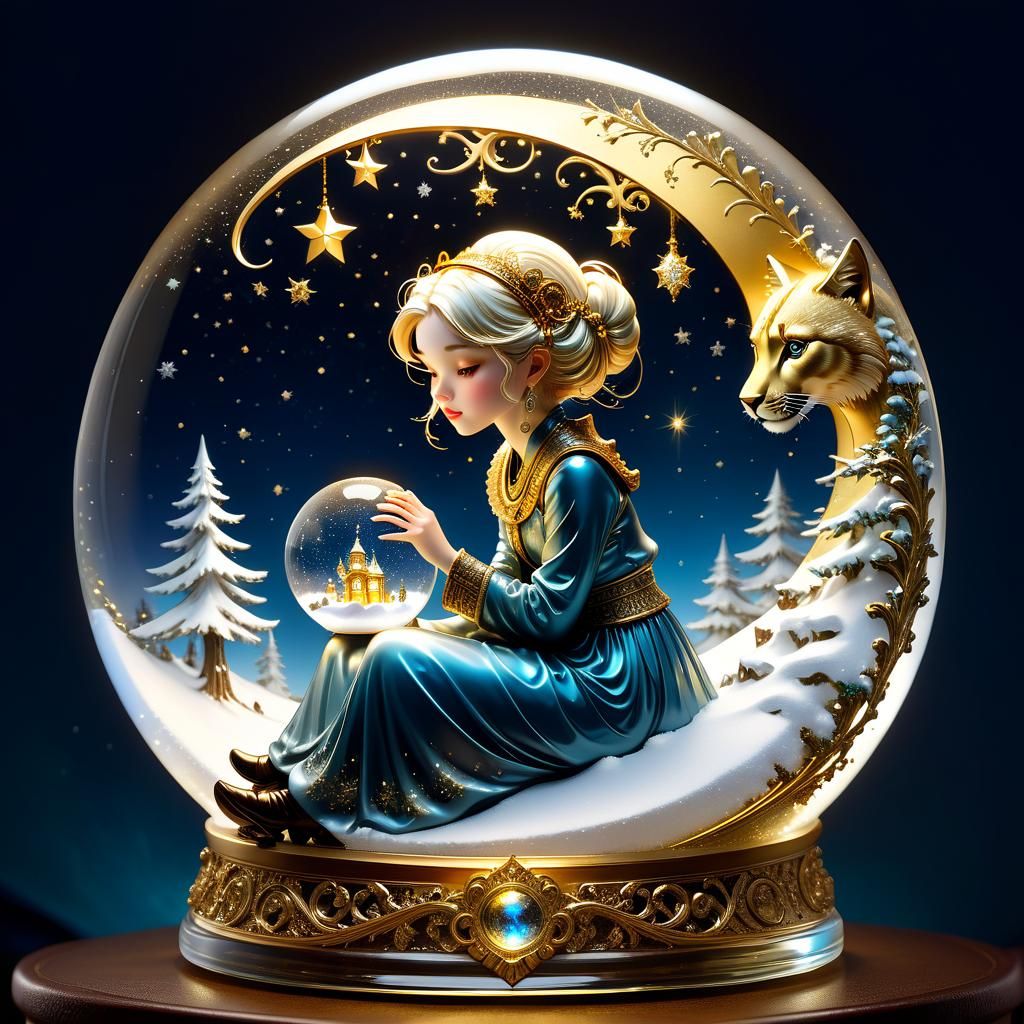woman in snow globe with snow globe