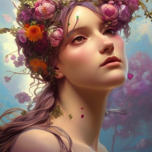 Detailed Flower Goddess Portrait in Art Nouveau Style