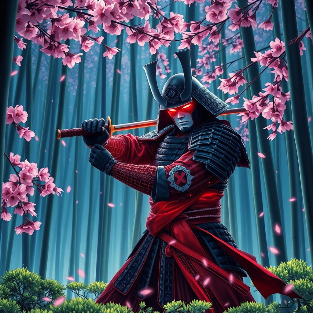 Samurai Warrior in Bamboo Forest, Ukiyo-e Style