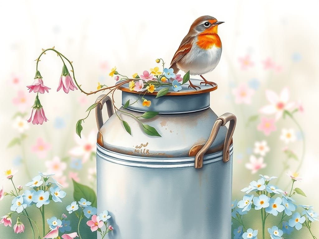 Whimsical Watercolor Garden Scene with Vintage Milk Can and ...