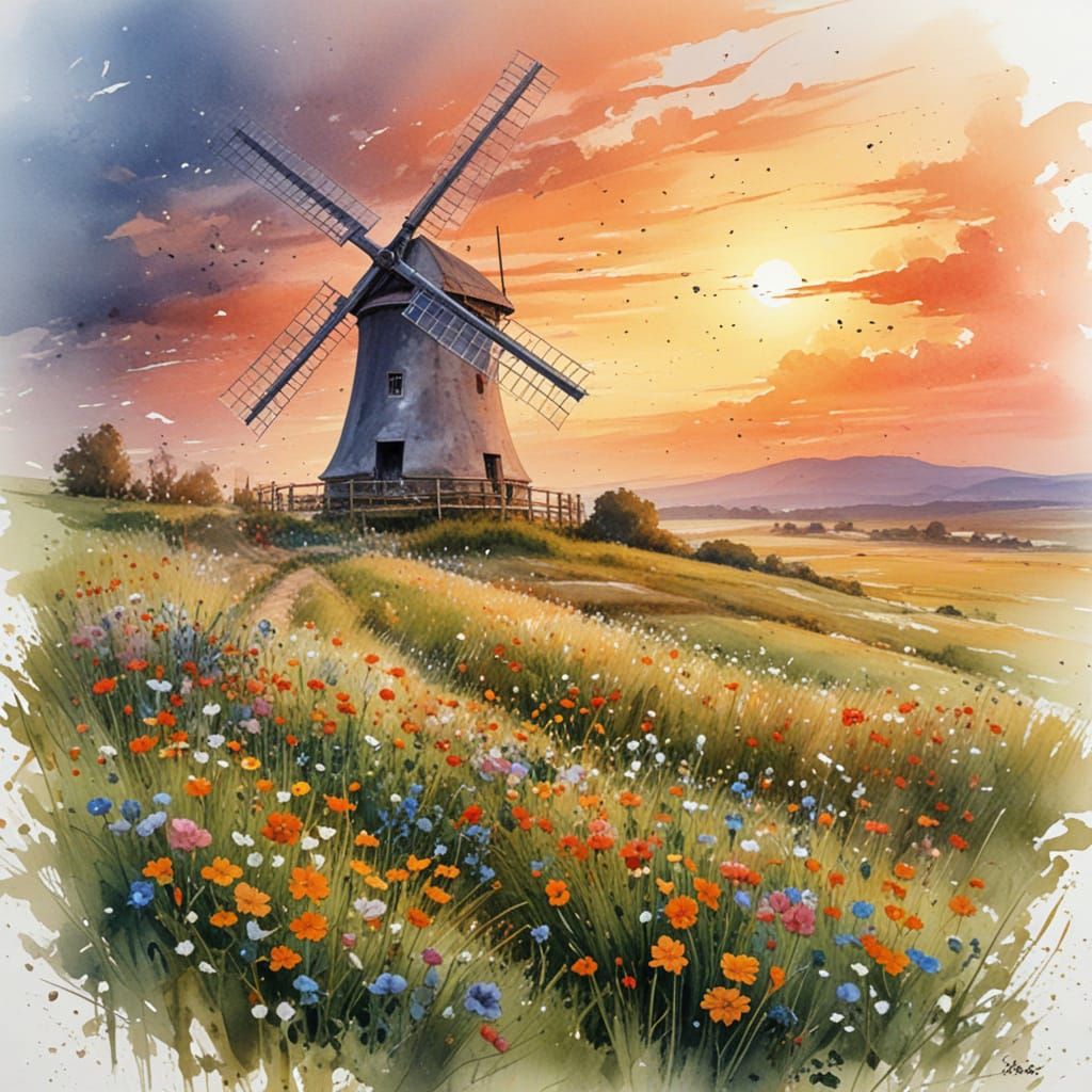 Fairytale Windmill at Sunset in Watercolour Style