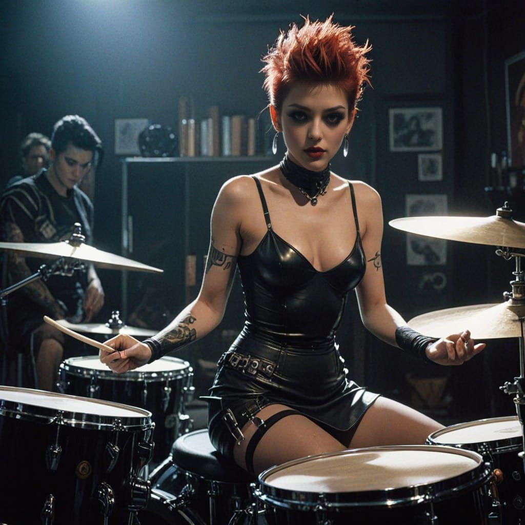 Sultry Punk Rock Drummer Girl in Cinematic Film Style