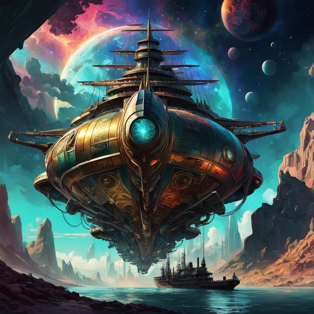 Surreal Fantasy Spacecraft Amidst a Vast, Colorful Nebula in...