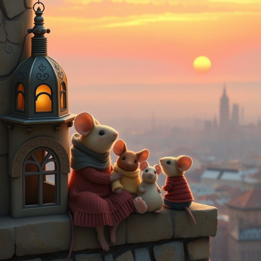 Whimsical Mouse Family Watches Sunset from Cozy Bell Tower
