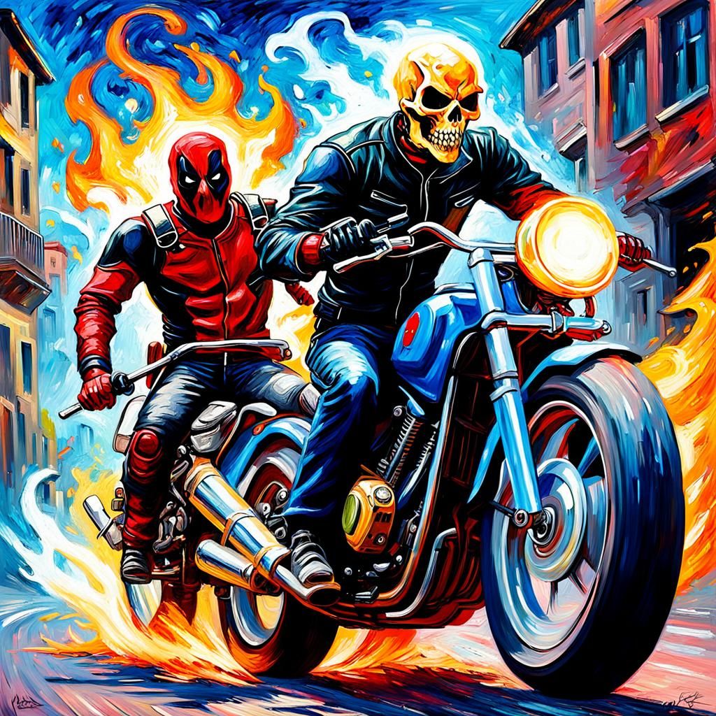 Ghost Rider and Deadpool Speed Across the Highway