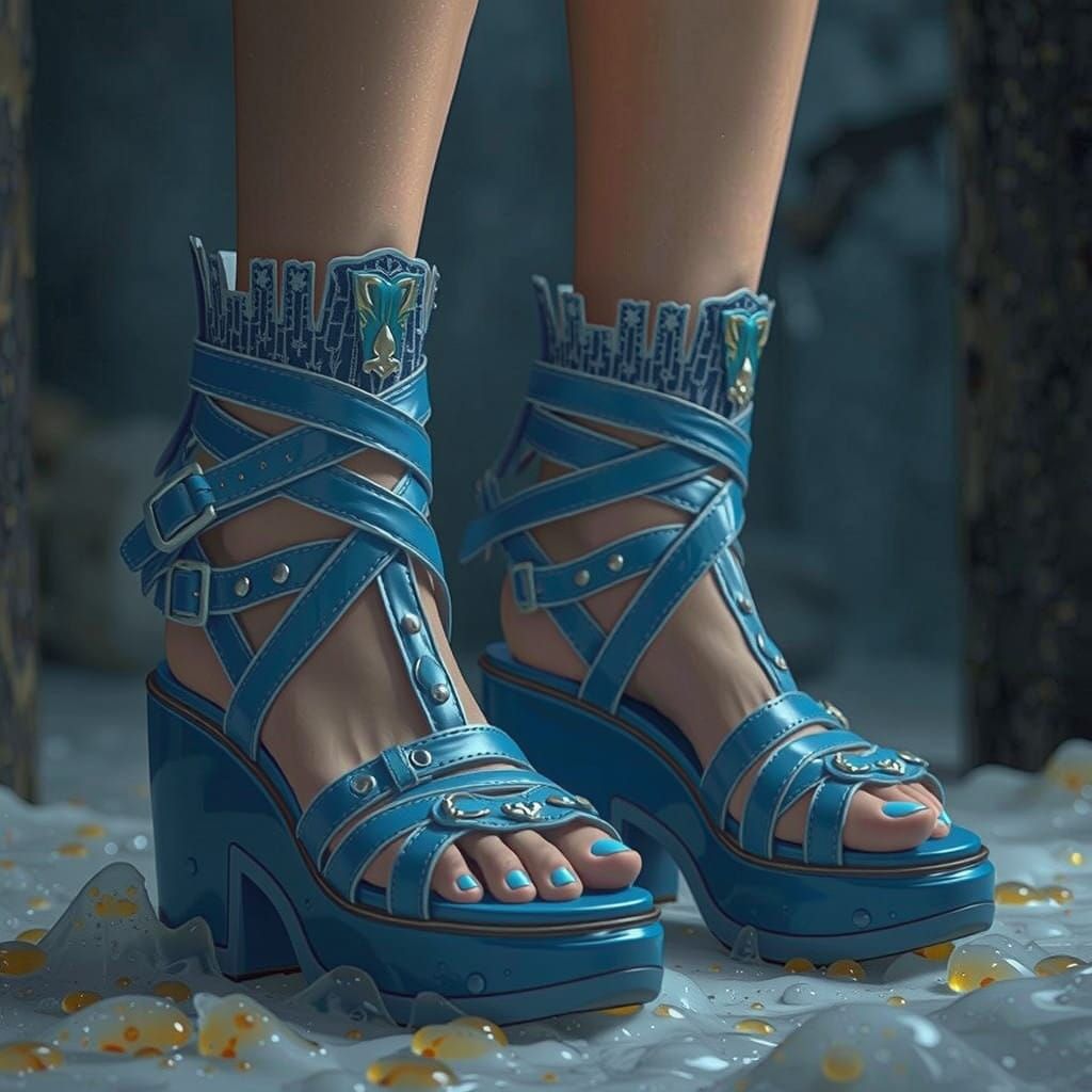 Woman's Feet in Blue Platform Sandals Ensnared in Amber Glue