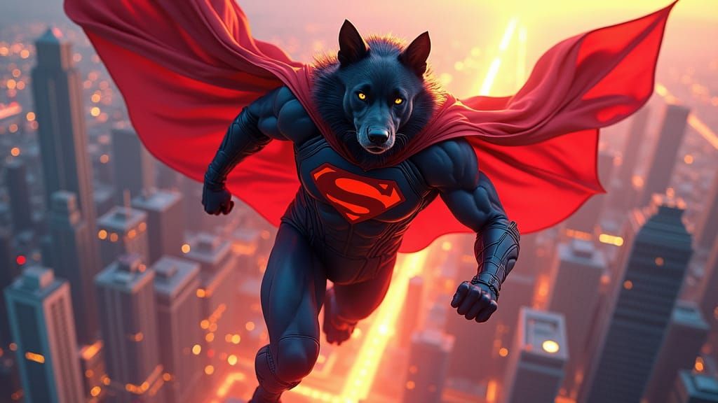 Canine Superhero Soaring Through Neon Metropolis