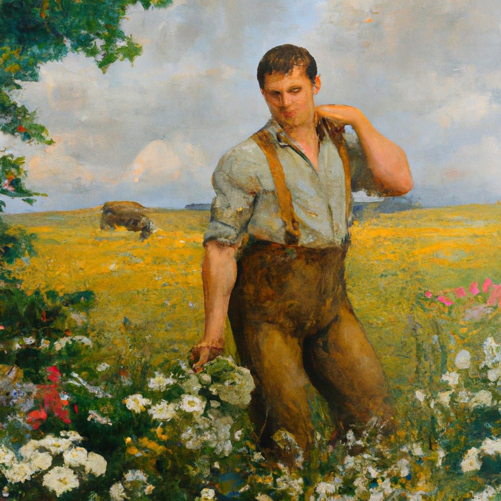 Detailed Farmer in Meadow, Classical Oil Painting