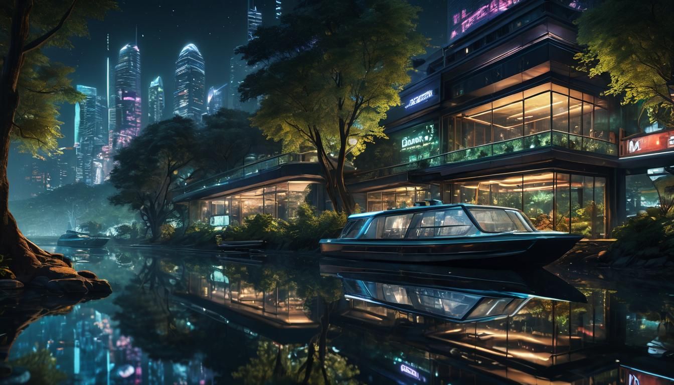 Futuristic Cityscape with Elegant Boat at Night