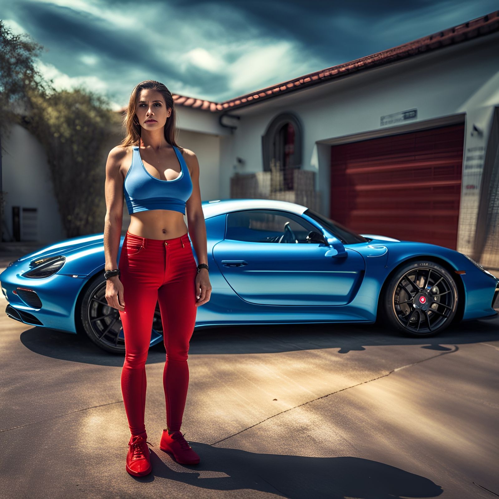 Woman Posing with Blue Porsche 718 Spyder RS
