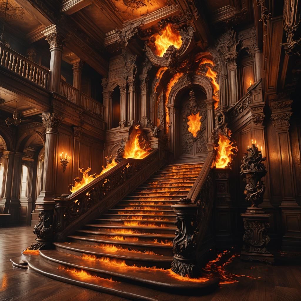 Lava Flows Down Ornate Wooden Staircase in Castle