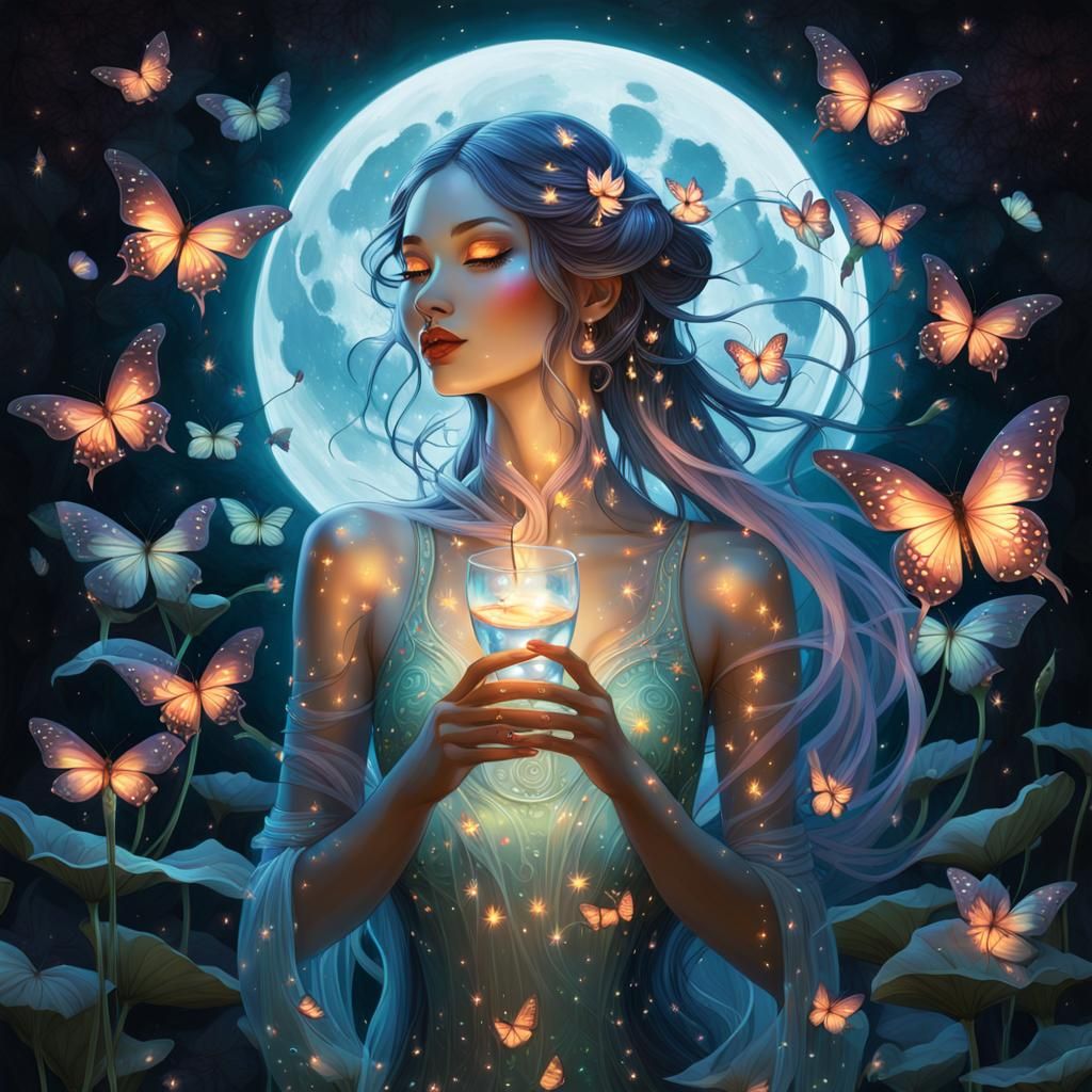 Glass Girl with Lotuses and Fireflies in Dreamy Moonlight