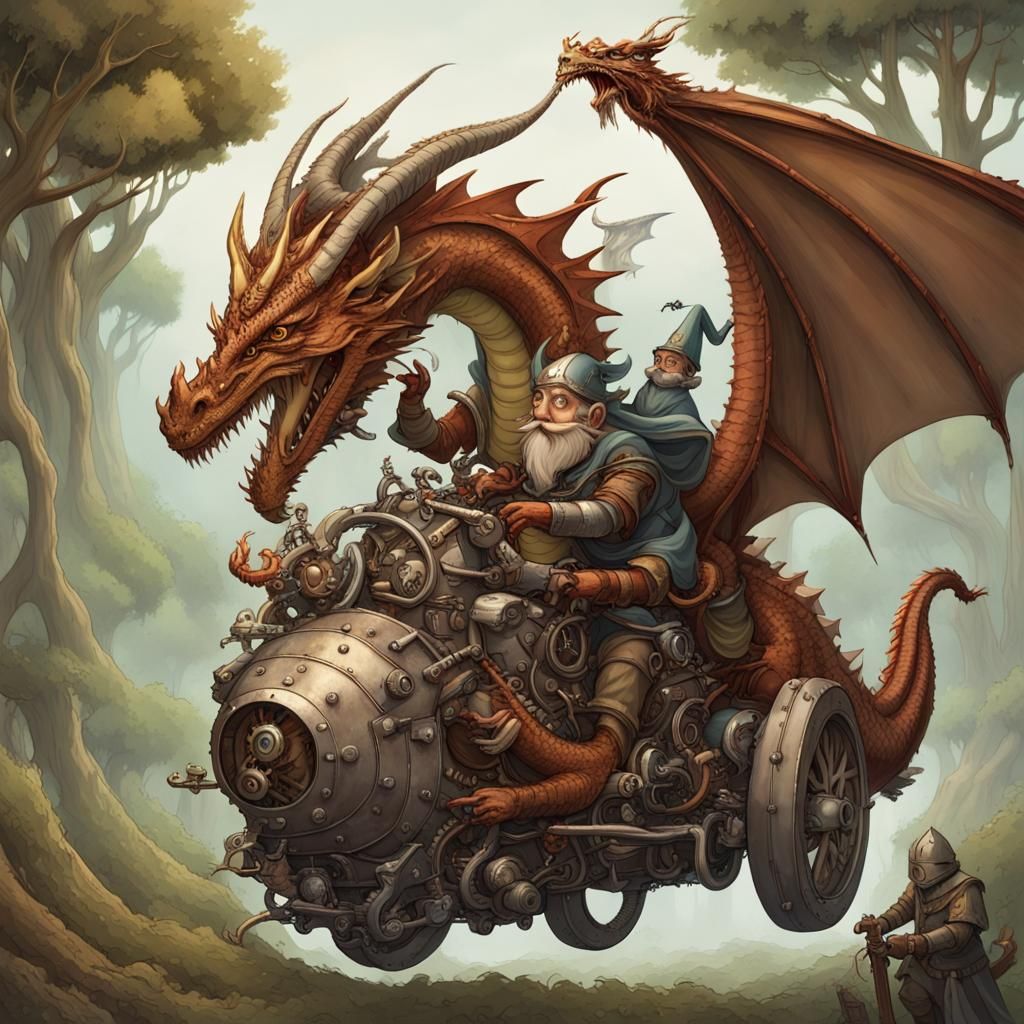 Steampunk Dragon Chases Adventurers Through Forest