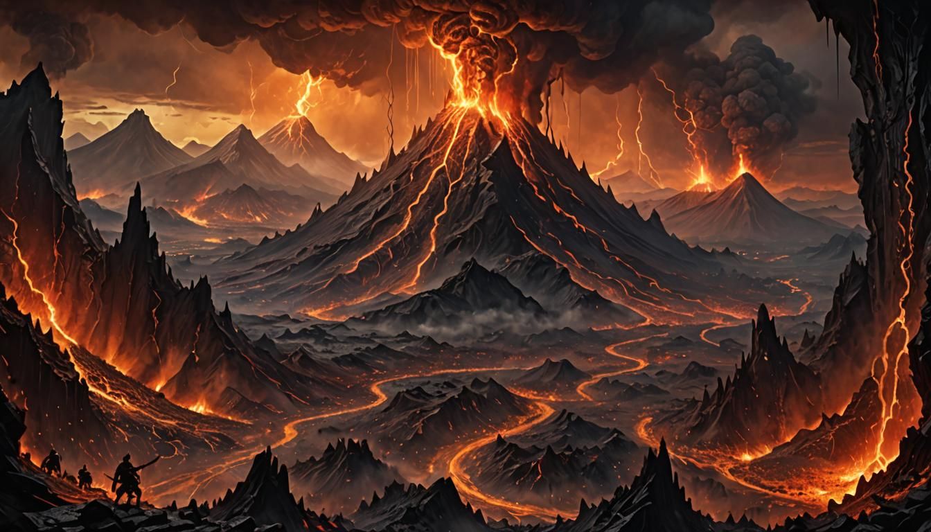 Erupting Mount Doom in a Foreboding Landscape