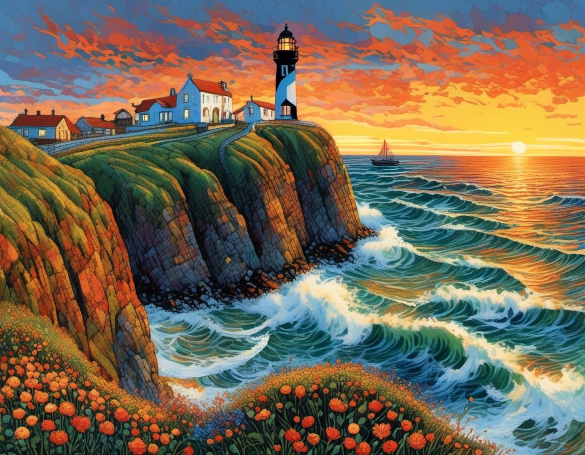 Coastal Lighthouse Sunset in Surreal Style