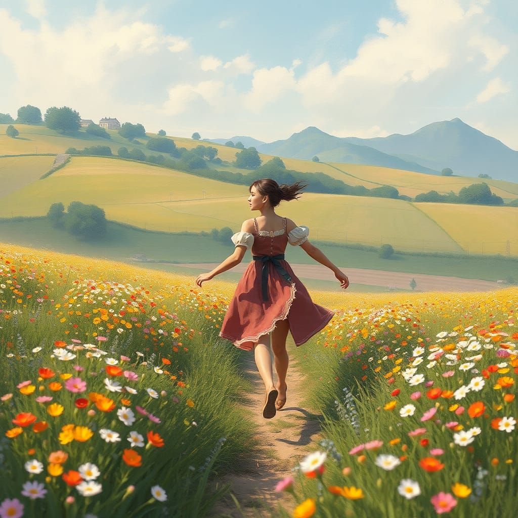 Hungarian Girl in Flower Field, American Impressionism