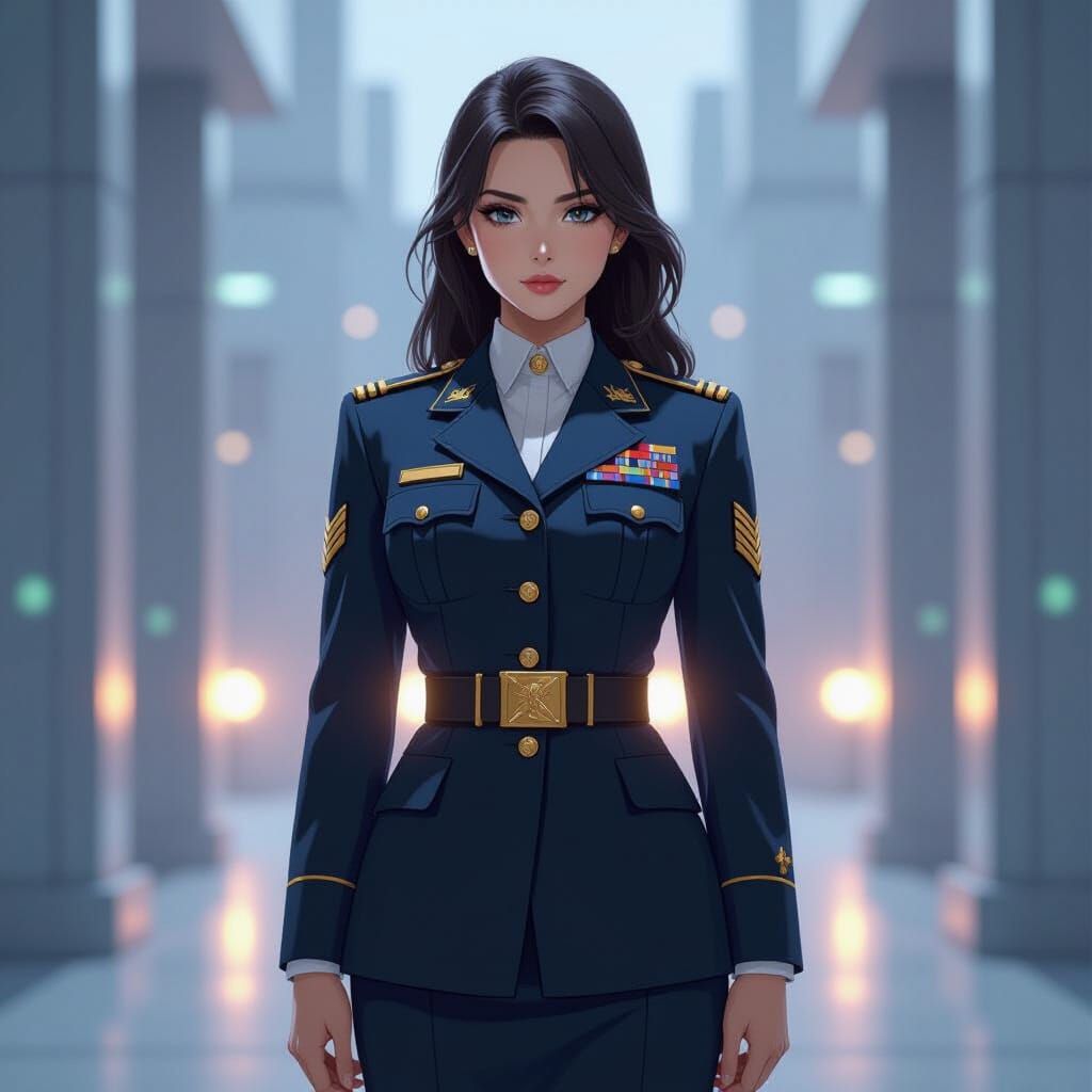Anime-Style Military Officer in Futuristic Base