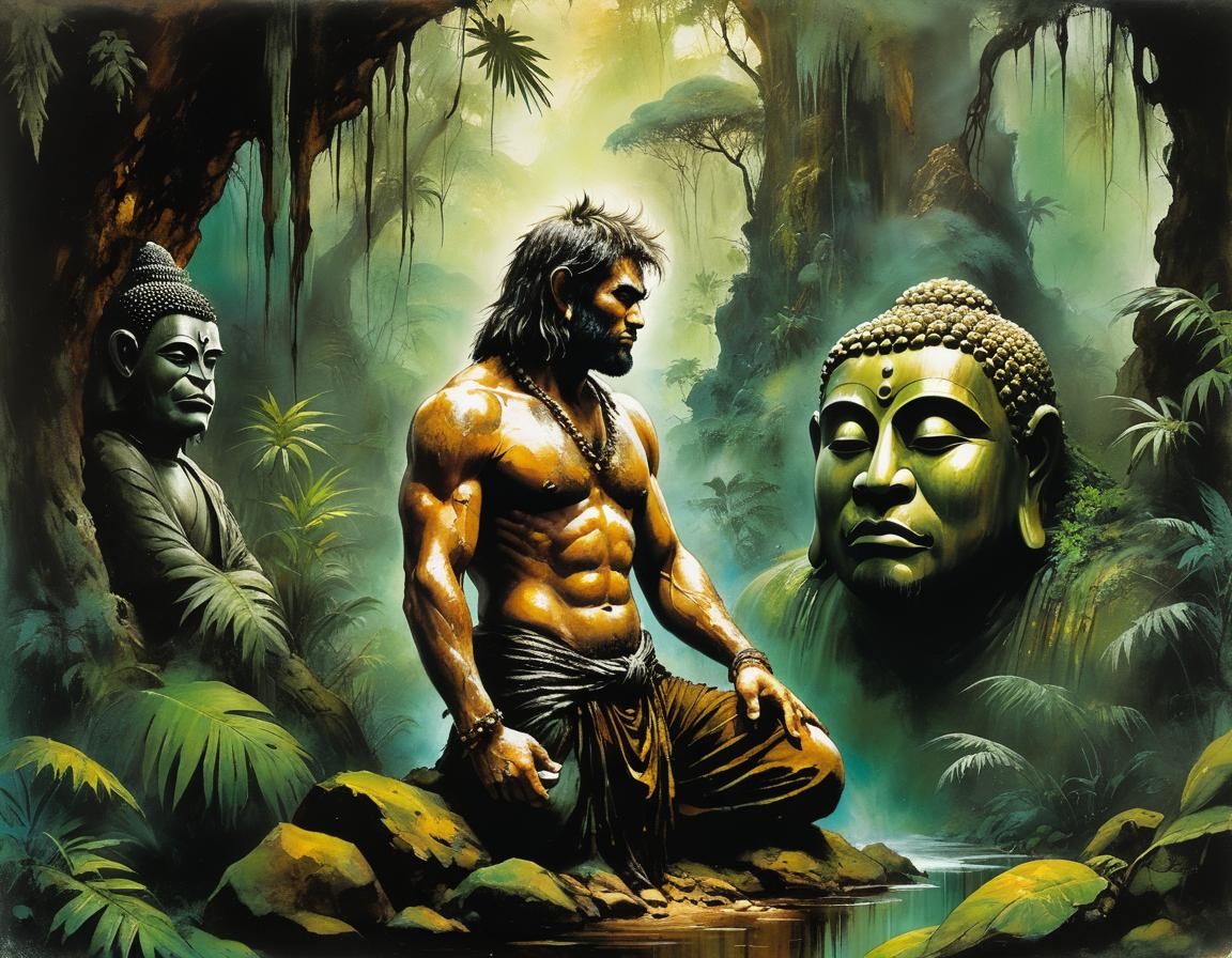 Caveman Buddha in Jungle: Pulp Art Fusion