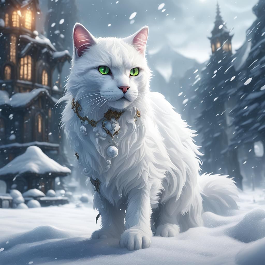White Cat in Snow: Detailed Matte Painting