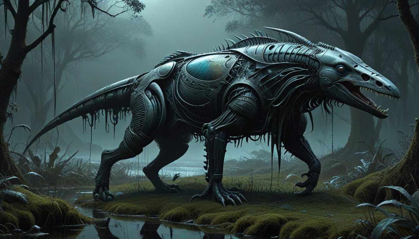 Surreal Wetland Beast Amidst Moonlit Mist