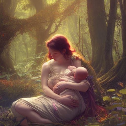Woodland Mother and Child, Hyperdetailed Concept Art