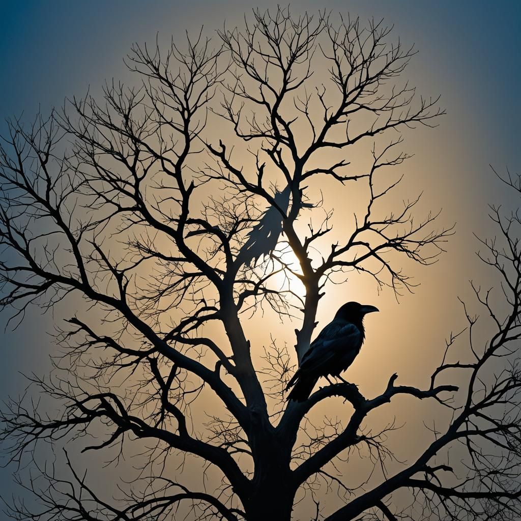 Raven Silhouette in Mystical Sunlight, Conceptual Art