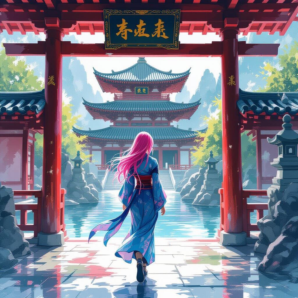 Woman Enters Pagoda in Watercolor Splatter Style