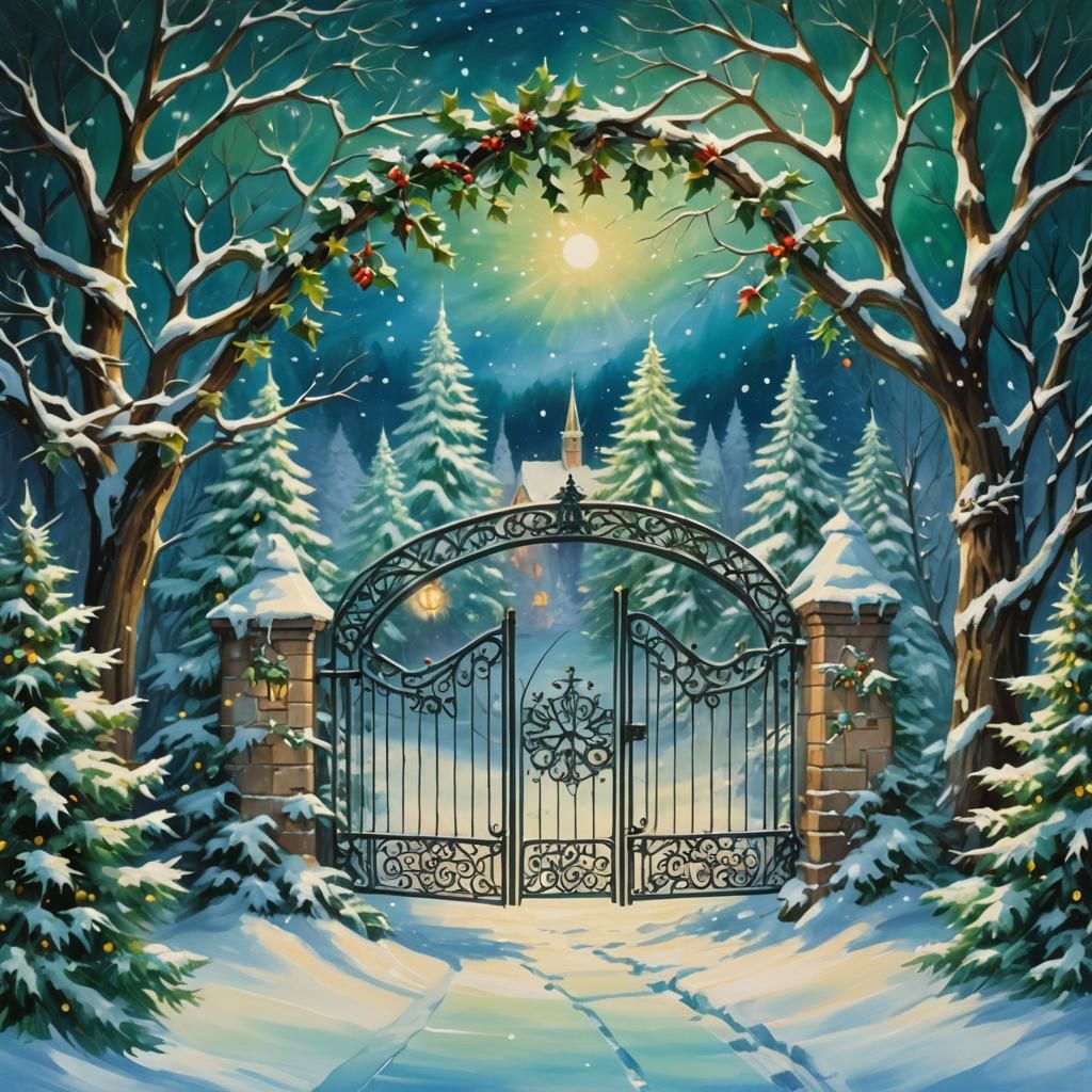 Christmas Wonderland Gate in Vibrant Oil Painting