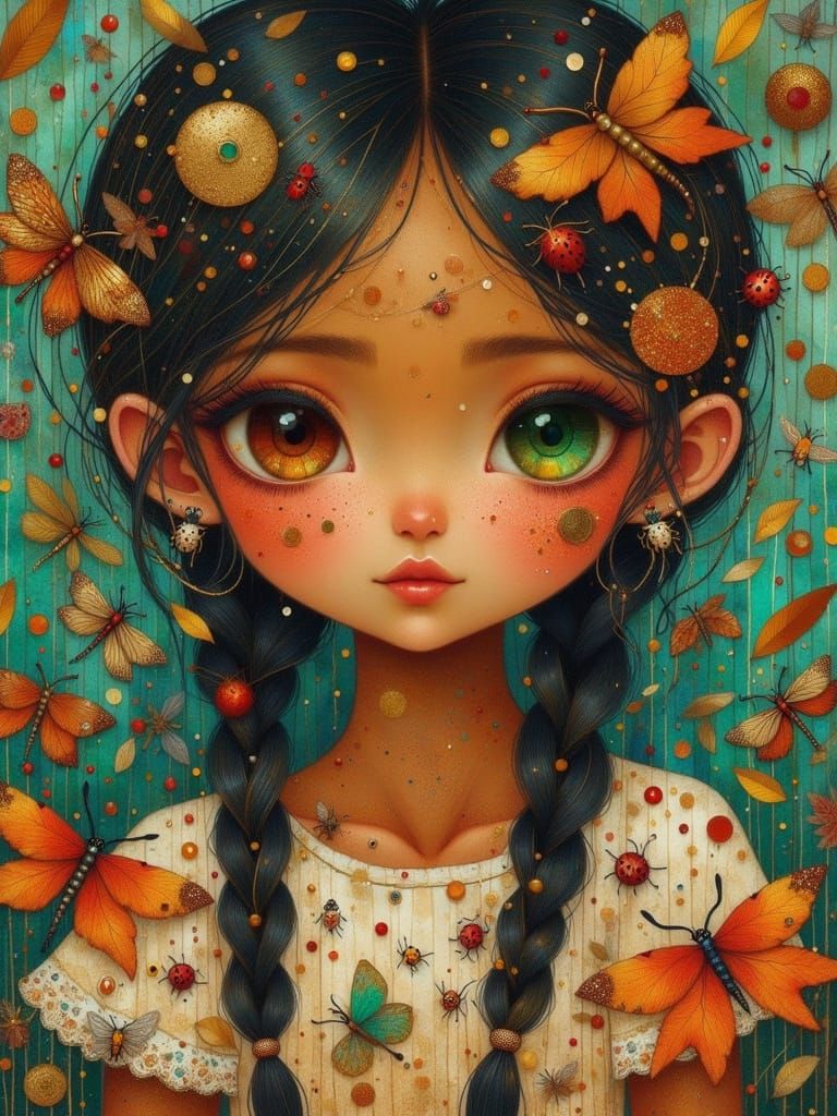 Enchanting Portrait of Girl with Amber Eyes and Dragonflies