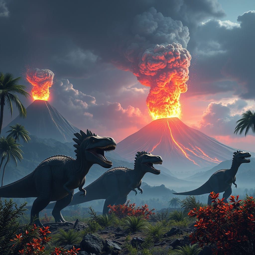 Dinosaurs Roam Amidst Erupting Volcanoes in a Fantastical La...