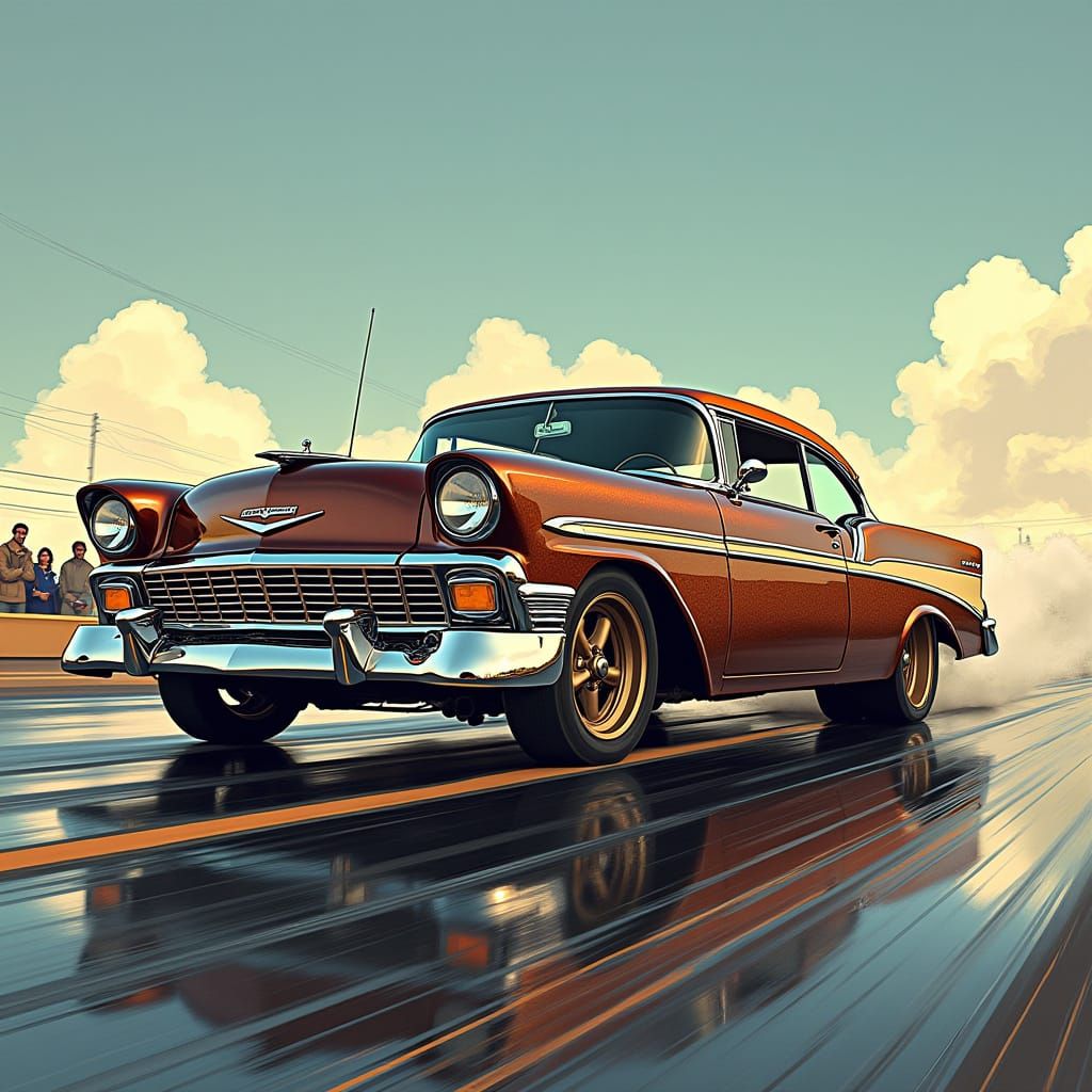 1956 Chevy Belair at Drag Strip in Retro-Futuristic Style