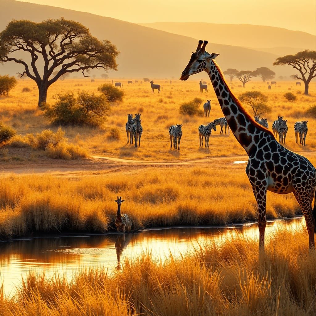 Giraffes Drinking at Serene River in Late Afternoon Light